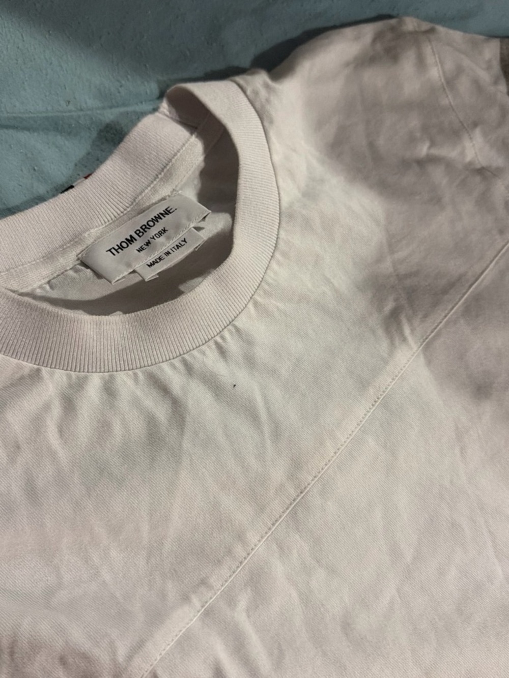 Thom Browne White Polo with Red-Blue-White Ribbon Trim